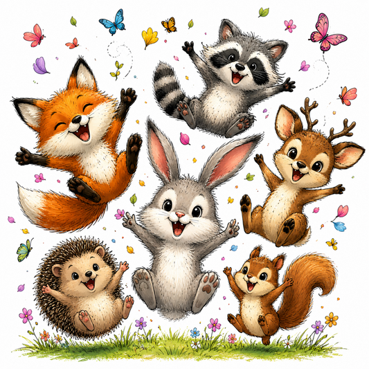 JUFUNG Cute Woodland Animals Clipart Bundle PNG – Fox, Bunny, Raccoon, Deer & Squirrel Digital